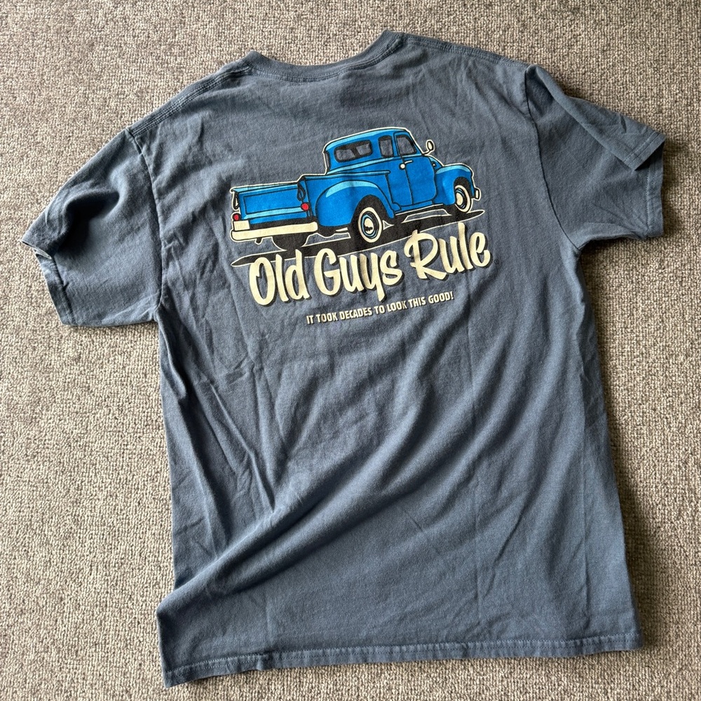 Vintage 90's Old Guys Rule Pewter Blue Pickup Truck Men's Small Graphic T-Shirt